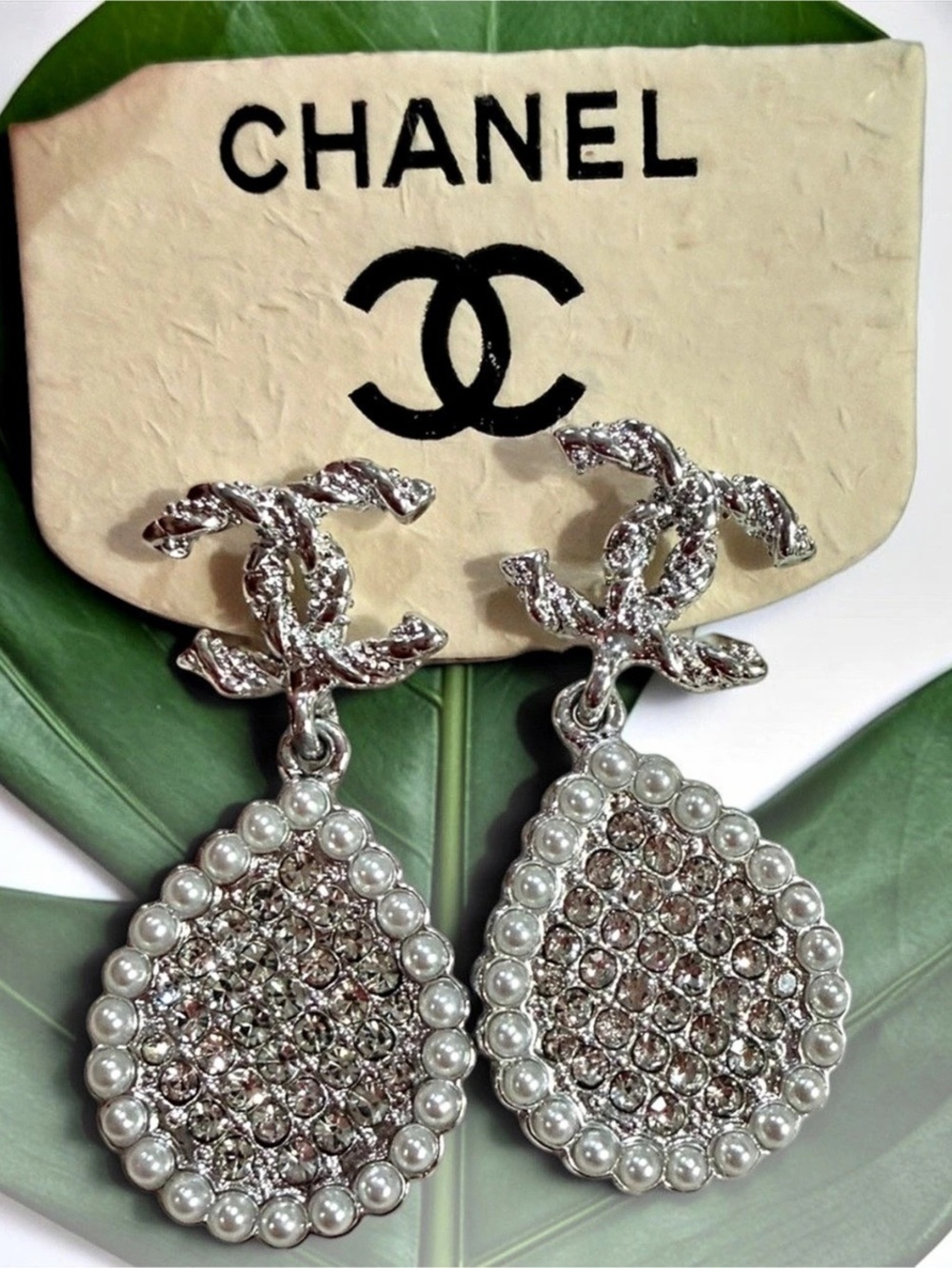 Silver Crystal CC Logo Teardrop Faux Pearl Drop Earrings | New